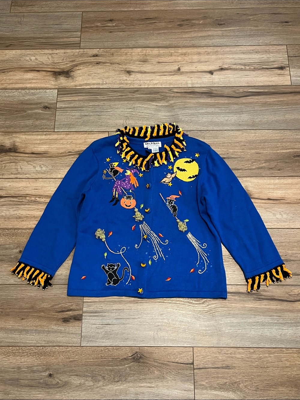 Jack B. Quick Halloween Witch Cat Pumpkin Cardigan Sweater Blue Size M Vintage